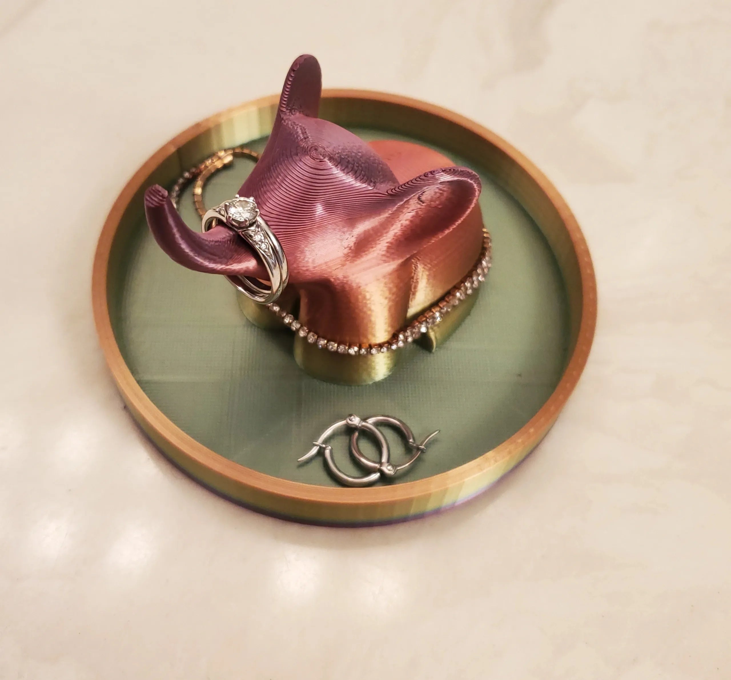 3D printed elephant ring holder in Blush gift box with customizable label