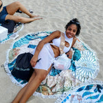 Beach Babe set with monokini swimsuit, beach mat, and drink pouches