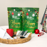 Holiday-themed guest essentials pouch with slippers and toiletries