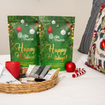 Holiday-themed guest essentials pouch with slippers and toiletries