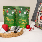 Holiday-themed guest essentials pouch with slippers and toiletries