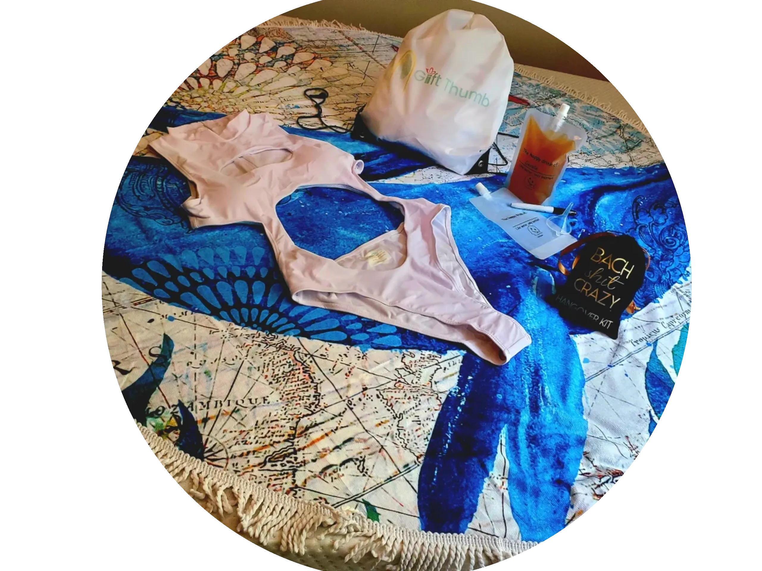 Beach Babe set with monokini swimsuit, beach mat, and drink pouches