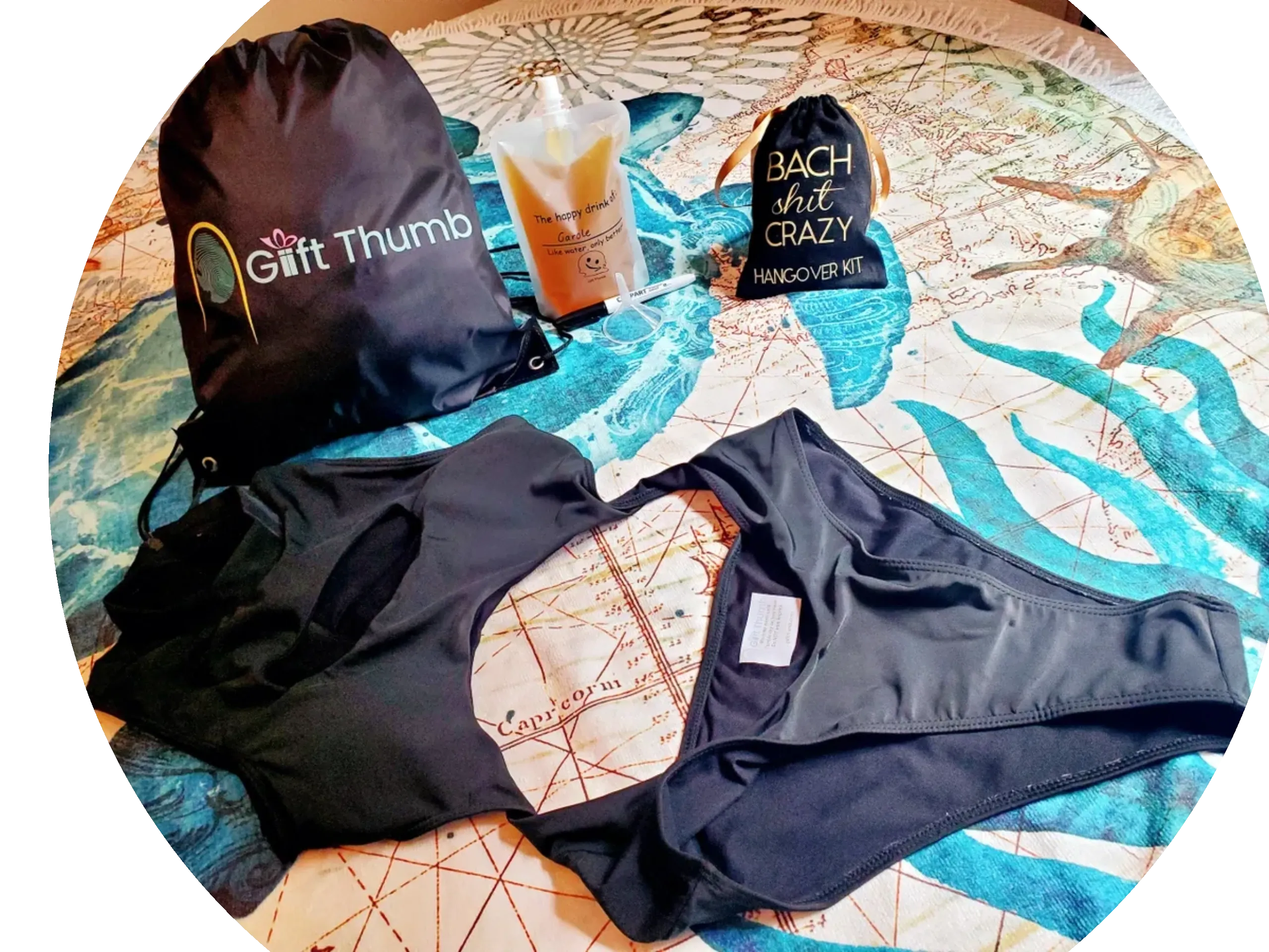 Beach Babe set with monokini swimsuit, beach mat, and drink pouches