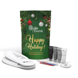 Holiday-themed guest essentials pouch with slippers and toiletries